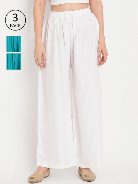 

TAG 7 Women Pack of 3 Solid Flared Palazzos, White