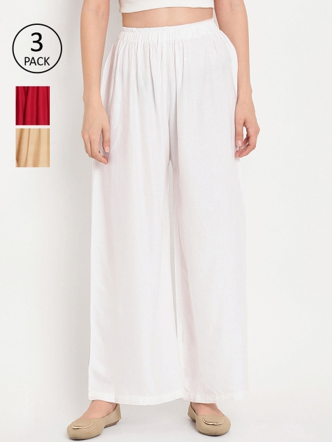 

TAG 7 Women Pack of 3 Multicoloured Solid Wide Leg Palazzos, White