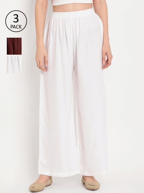 

TAG 7 Women Pack of 3 Solid Flared Palazzos, White