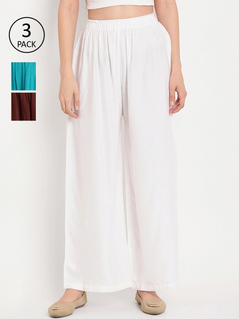 

TAG 7 Women Pack Of 3 Solid Flared Palazzos, White