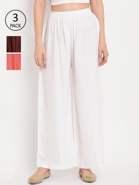 

TAG 7 Women Pack of 3 Solid Wide Leg Palazzos, White