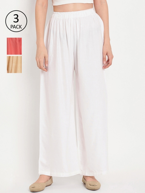 

TAG 7 Women Pack of 3 Solid Flared Palazzos, White