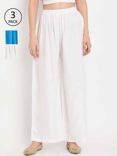 

TAG 7 Women Pack of 3 Solid Flared Palazzos, White
