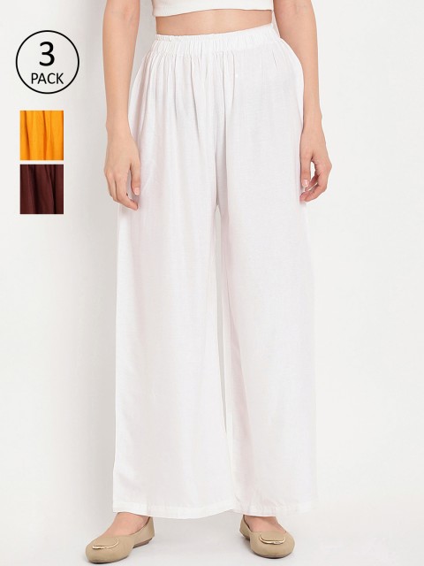 

TAG 7 Women Pack Of 3 Solid Flared Palazzos, White
