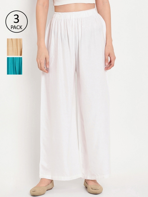 

TAG 7 Women Pack of 3 Solid Wide Leg Palazzos, White