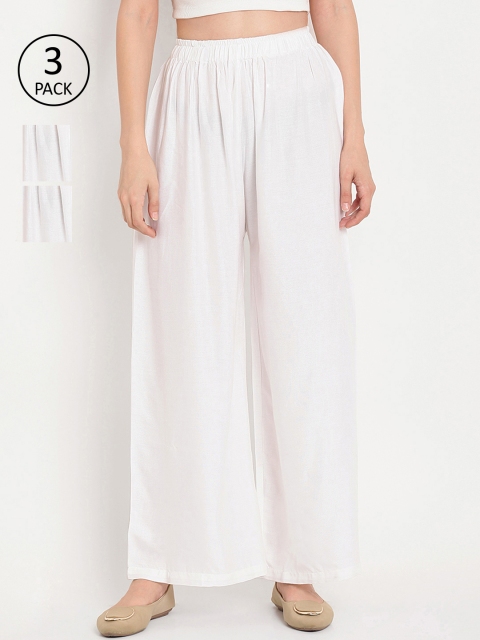 

TAG 7 Women Pack of 3 Solid Flared Palazzos, White