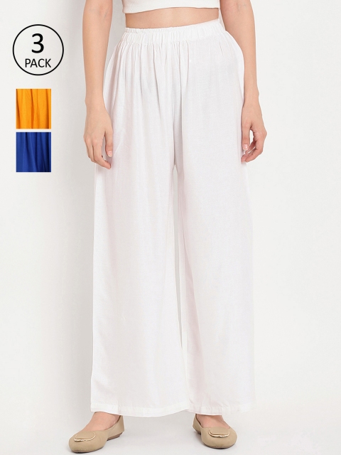 

TAG 7 Women Pack of 3 Solid Flared Palazzos, White