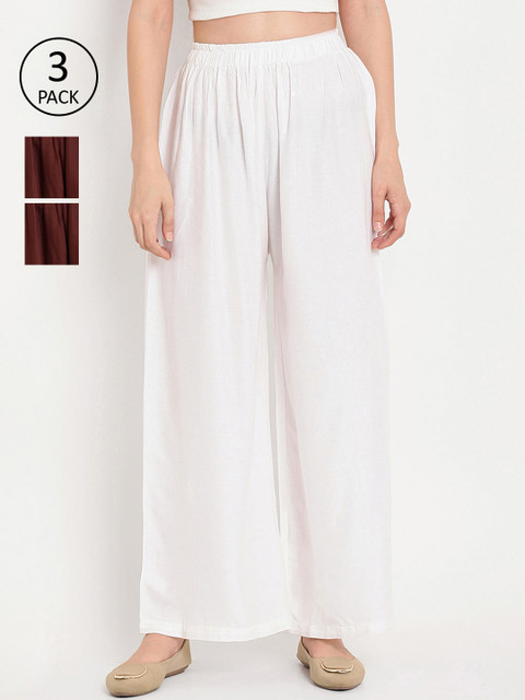 

TAG 7 Women Pack of 3 Solid Flared Palazzos, White