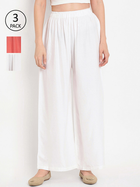 

TAG 7 Women Pack of 3 Solid Flared Palazzos, White