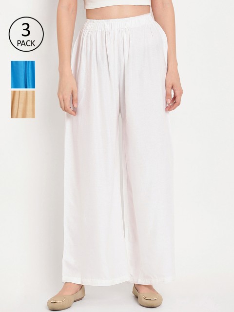 

TAG 7 Women Pack Of 3 Solid Straight Palazzos, White