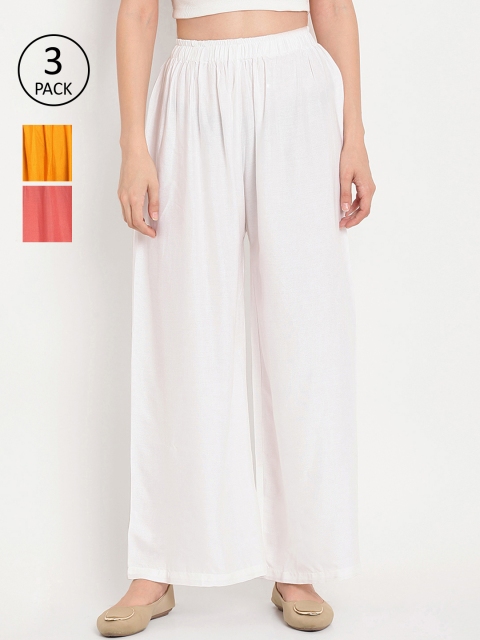 

TAG 7 Women Pack of 3 Solid Flared Palazzos, White