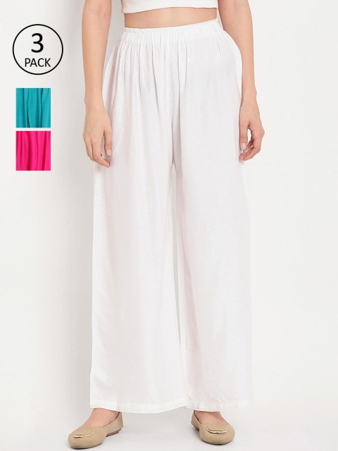 

TAG 7 Women Pack of 3 Multicoloured Solid Wide Leg Palazzos, White