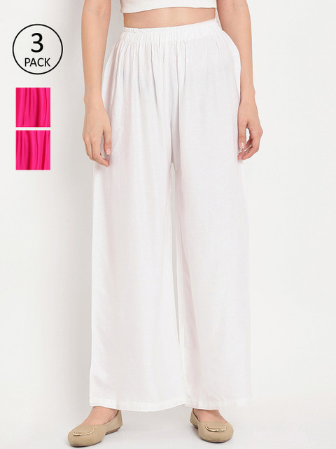 

TAG 7 Women Pack of 3 Solid Flared Palazzos, White