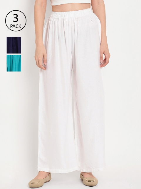 

TAG 7 Women Pack Of 3 Solid Flared Palazzos, White