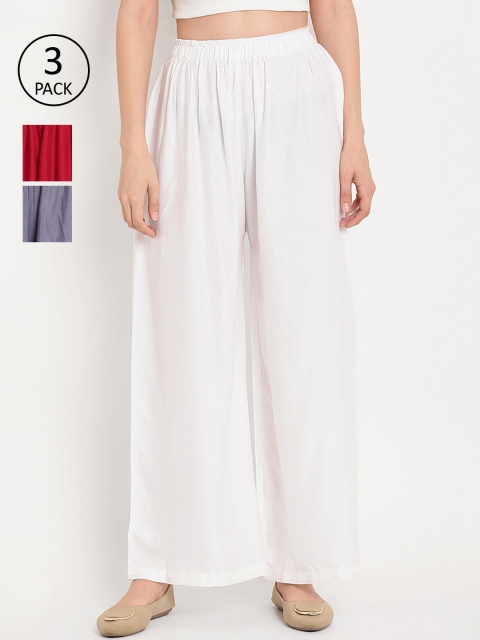 

TAG 7 Women Pack of 3 Solid Flared Palazzos, White