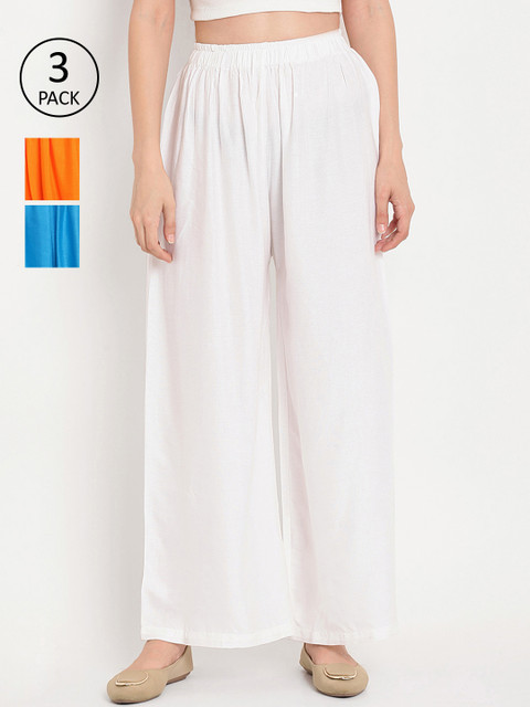 

TAG 7 Women Pack Of 3 Solid Flared Palazzos, White