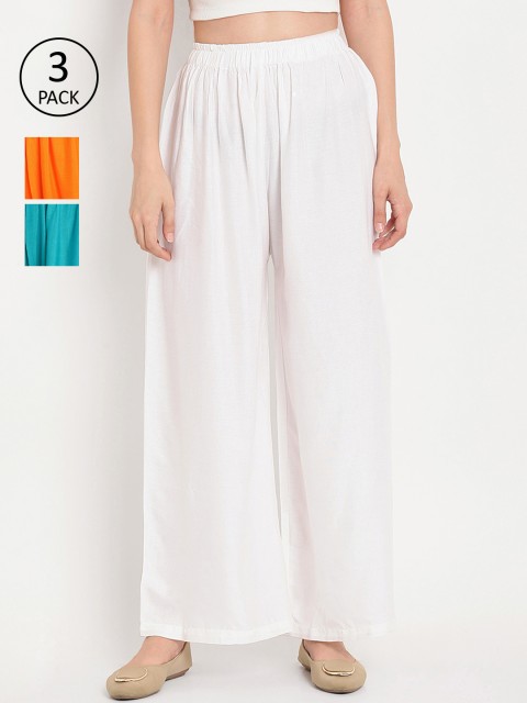 

TAG 7 Women Pack of 3 Solid Flared Palazzos, White