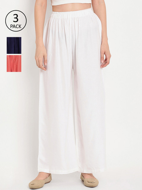 

TAG 7 Women Pack of 3 Solid Flared Palazzos, White