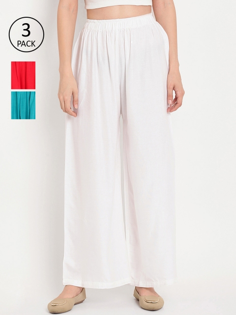 

TAG 7 Women Pack of 3 Solid Flared Palazzos, White