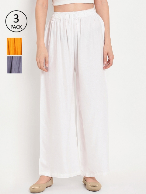 

TAG 7 Women Pack of 3 Solid Flared Palazzos, White