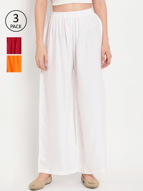

TAG 7 Women Pack Of 3 Solid Straight Palazzos, White