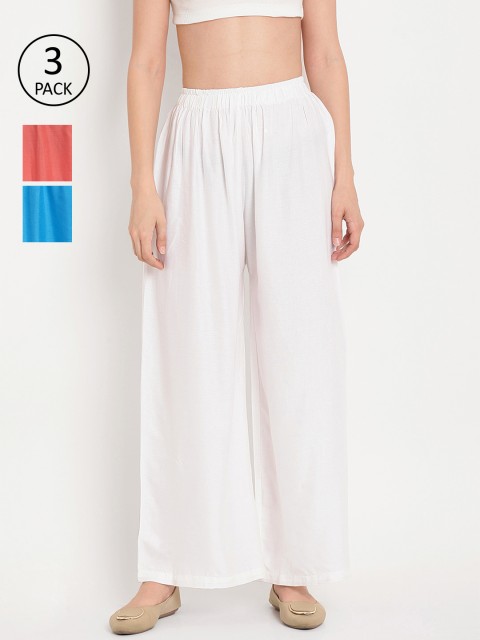 

TAG 7 Women Pack of 3 Multicoloured Solid Wide Leg Palazzos, White