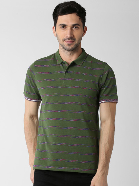 

Peter England Casuals Men Green Striped Polo Collar T-shirt