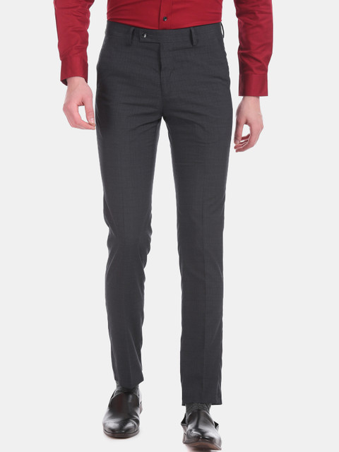 

Arrow Men Charcoal Grey Skinny Fit Checked Regular Trousers