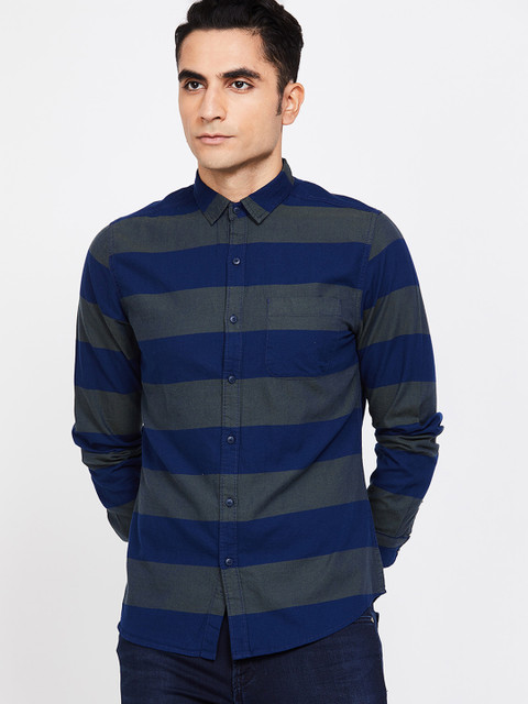 

Forca Men Olive Green & Blue Slim Fit Striped Casual Shirt