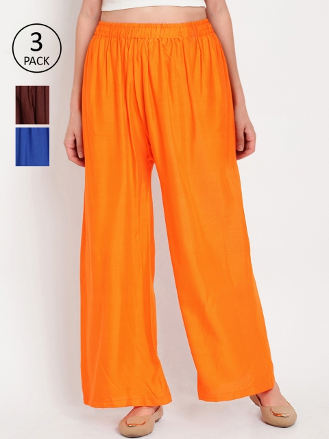 

TAG 7 Women Pack of 3 Solid Flared Palazzos, Orange