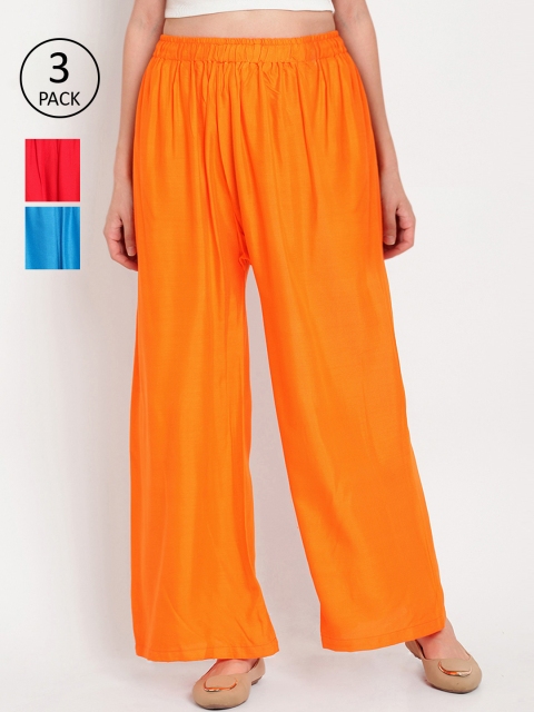 

TAG 7 Women Pack of 3 Solid Flared Palazzos, Orange
