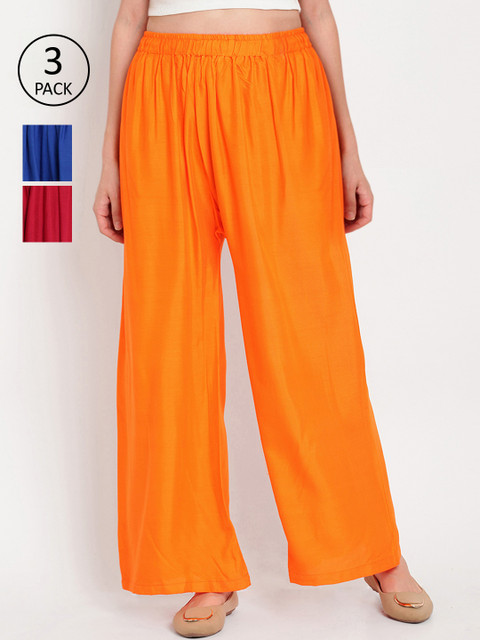 

TAG 7 Women Pack of 3 Solid Flared Palazzos, Orange