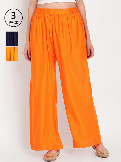 

TAG 7 Women Pack of 3 Solid Wide Leg Palazzos, Orange