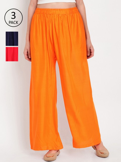 

TAG 7 Women Pack of 3 Solid Flared Palazzos, Orange