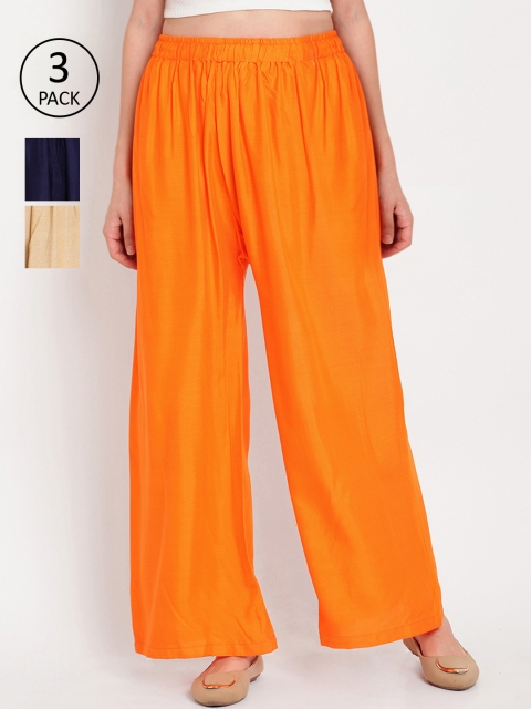 

TAG 7 Women pack of 3 Solid Flared Palazzos, Multi
