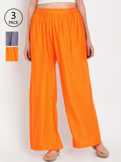 

TAG 7 Women Pack Of 3 Solid Straight Palazzos, Orange