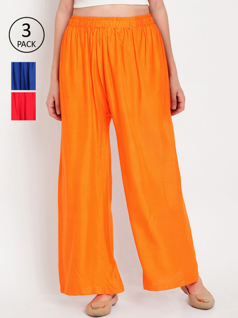 

TAG 7 Women Pack Of 3 Solid Flared Palazzos, Orange