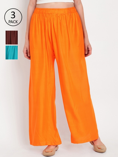 

TAG 7 Women Set of 3 Solid Flared Palazzos, Orange