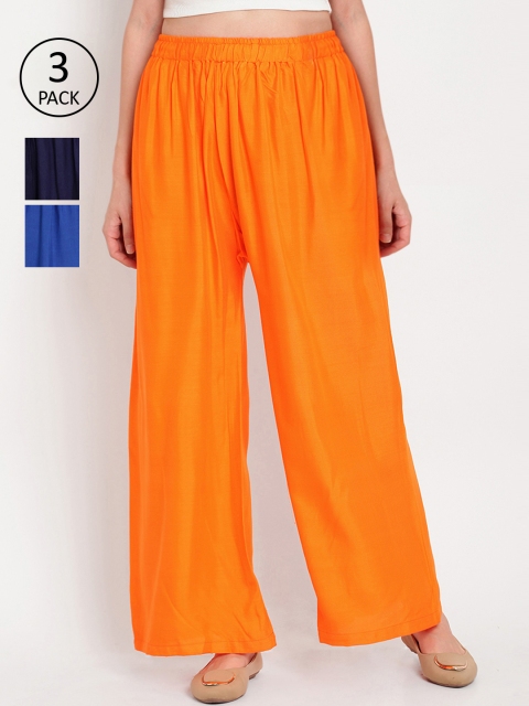 

TAG 7 Women Pack of 3 Solid Flared Palazzos, Orange