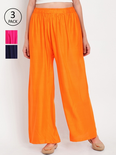 

TAG 7 Women Pack of 3 Solid Flared Palazzos, Orange