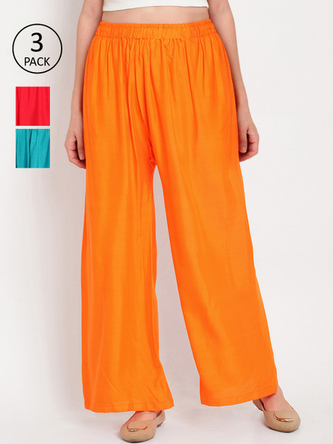 

TAG 7 Women Pack Of 3 Solid Flared Palazzos, Orange