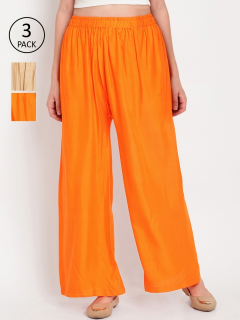 

TAG 7 Women Pack Of 3 Flared Palazzos, Orange