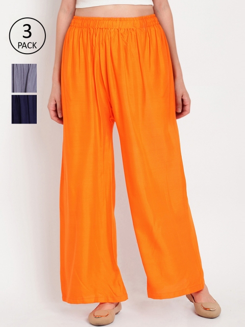 

TAG 7 Women Pack Of 3 Solid Straight Palazzos, Orange