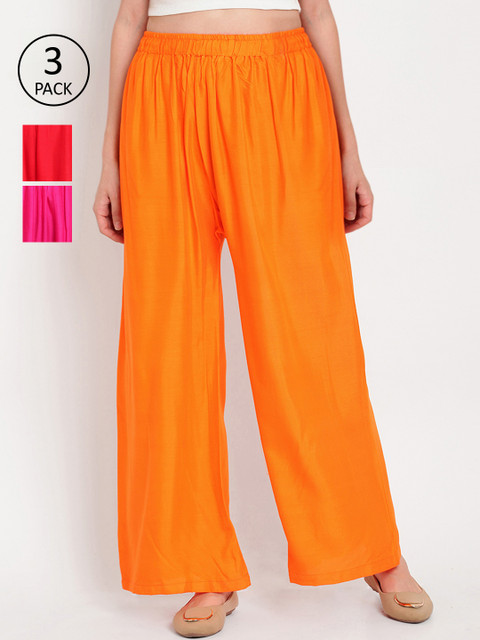 

TAG 7 Women Pack of 3 Solid Flared Palazzos, Orange