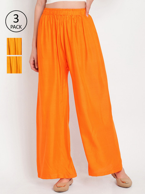 

TAG 7 Women Set of 3 Solid Flared Palazzos, Orange