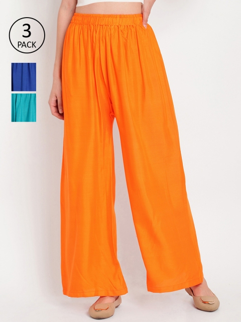 

TAG 7 Women Pack of 3 Solid Flared Palazzos, Orange