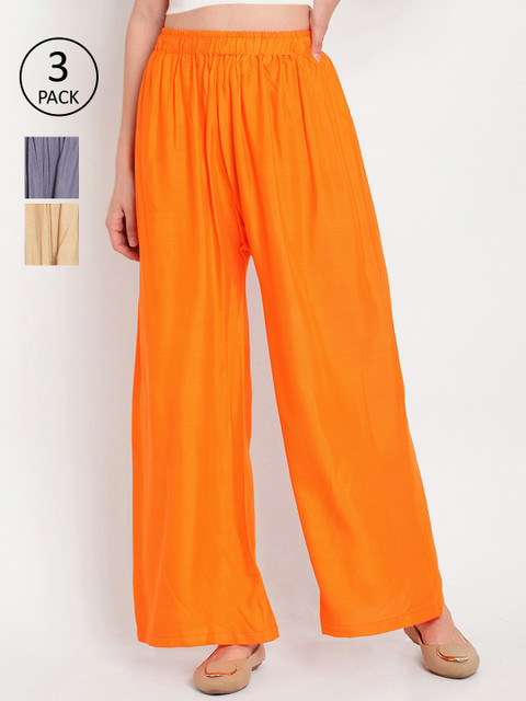 

TAG 7 Women Pack of 3 Solid Flared Palazzos, Orange