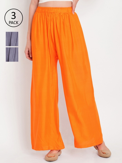 

TAG 7 Women Pack of 3 Solid Flared Palazzos, Orange