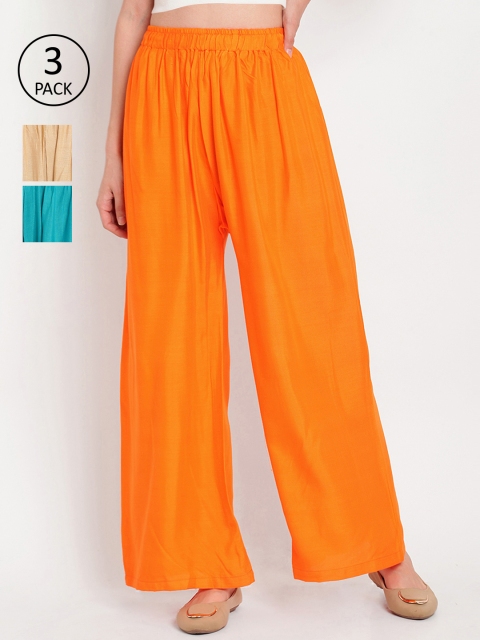 

TAG 7 Women Pack Of 3 Solid Wide Leg Palazzos, Orange
