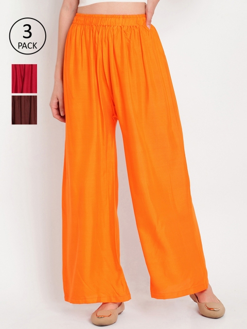 

TAG 7 Women Pack Of 3 Solid Straight Palazzos, Orange